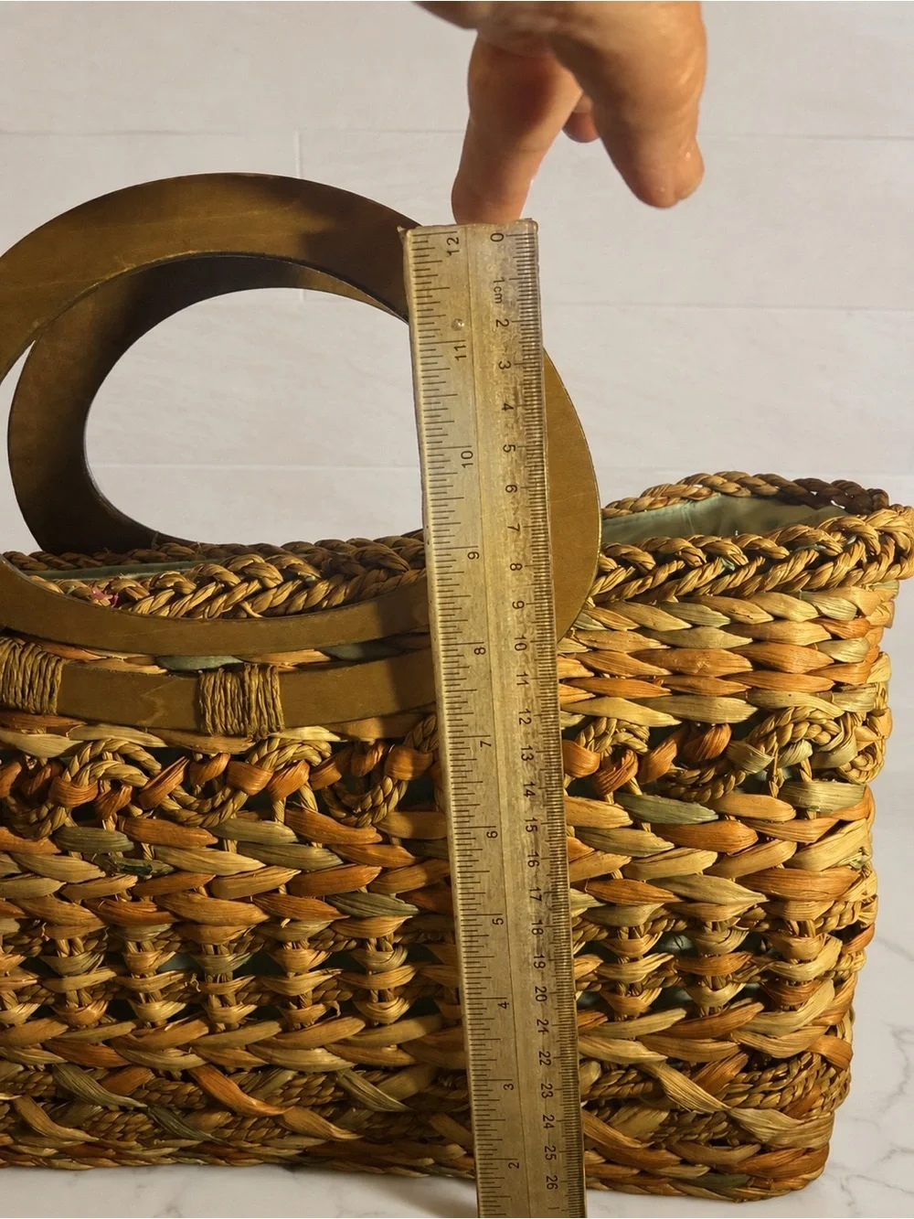 Woven Natural Fiber Handbag Wood Handles Boho Coastal Purse